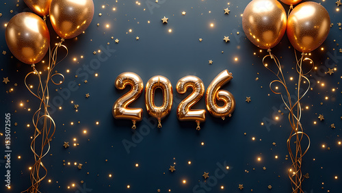 Elegant 2026 New Year Celebration with Gold Balloons and Sparkling Star Confetti