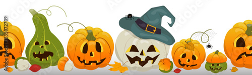 Halloween-themed vector illustration showcasing a row of carved pumpkins with expressive faces. One pumpkin wears a witch hat, accompanied by autumn leaves and small spiders.
