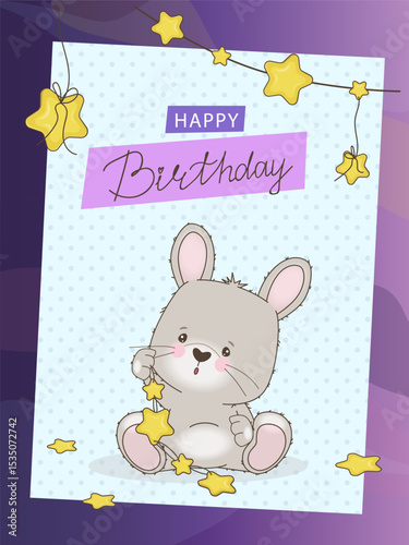 Adorable vector illustration of a gray bunny playing with a star garland on a birthday card. The background features the text Happy Birthday with yellow stars surrounding the bunny.