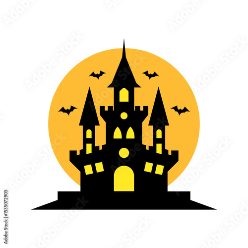 Spooky halloween castle at night with bats and full moon