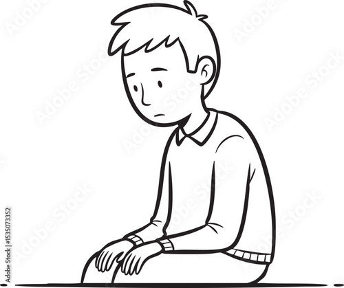 A continuous line art drawing of a young man sitting alone with a sad or pensive expression, looking downwards