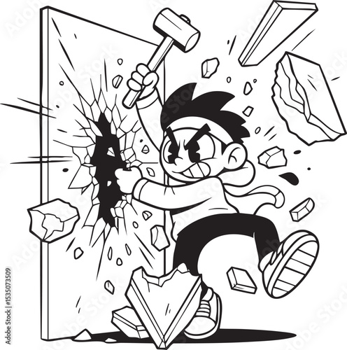 A continuous line art drawing of a young, determined-looking cartoon character with spiky hair and a headband, smashing through a wall with a large hammer, causing debris to fly.