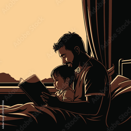 A heartwarming illustration depicting a father and child sitting by a window at sunset, sharing a moment while reading a book together.