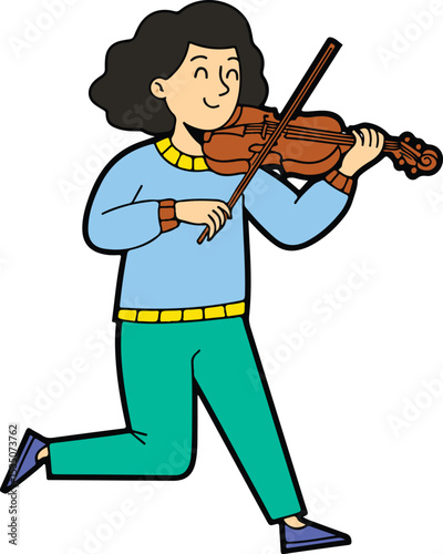 A vibrant art drawing of a woman with curly brown hair, wearing a white sweater and blue pants, happily playing the violin while stepping forward