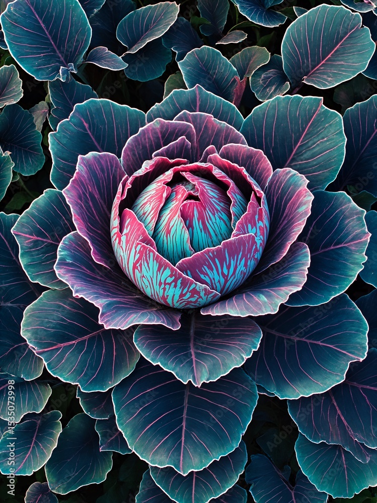 Fototapeta premium Futuristic anime cabbage pattern, sleek geometric leaves, neon accents, holographic textures, sharp lines, cybernetic garden aesthetic.