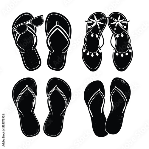A pair of flip-flops silhouette bundle white background	