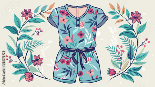 Casual short romper with floral print and drawstring waist, spread neatly for vector-style illustration. Feminine, comfy, and ideal for lazy weekends at home or sleepwear sets.

