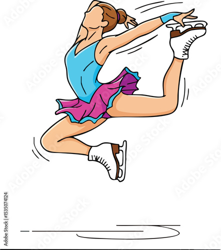 A colorful cartoon illustration of a female figure skater executing a dynamic jump, with arms outstretched and one leg raised, wearing a blue and pink costume, and motion lines indicating movement