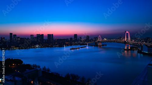 Twilight cityscape with a bridge spanning a calm river, illuminated by vibrant lights under a gradient sky.
