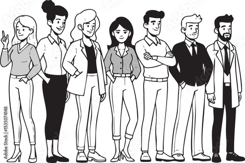 A continuous line art drawing of a diverse group of seven individuals standing in a row, including men and women, with varied hairstyles and clothing, ready for coloring