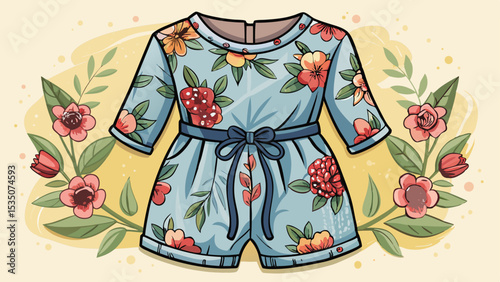Casual short romper with floral print and drawstring waist, spread neatly for vector-style illustration. Feminine, comfy, and ideal for lazy weekends at home or sleepwear sets.

