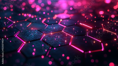 A realistic photographic rendering of an illuminated hexagonal grid pattern with glowing pink and purple lines, scattered with bright light particles Futuristic Hexagonal Grid Digital Glow Pattern