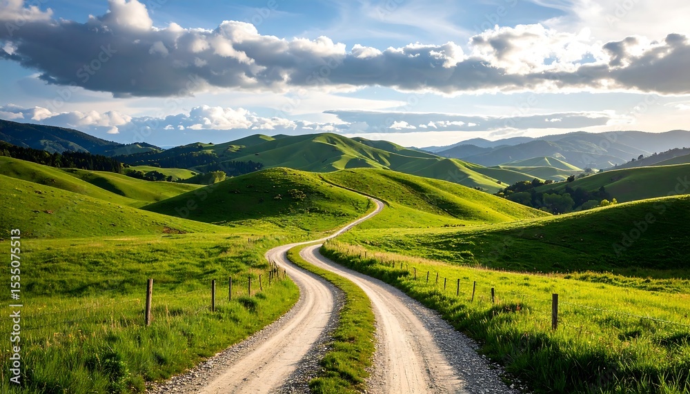 Obraz premium Winding country road through green hills