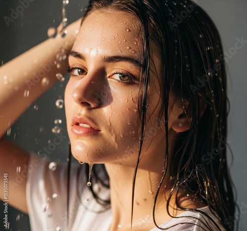 young woman with water drops on the face photo