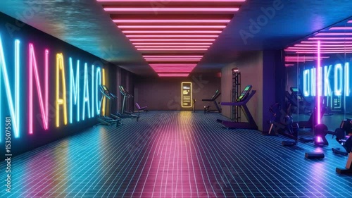 Neon-lit fitness center with vibrant colors and gridded floor