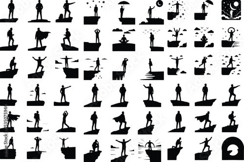 Man Standing on Cliff Icon Silhouette Set – Adventure & Freedom Concept Cliff Edge Explorer Silhouette – High-Resolution Icon Vector Pack