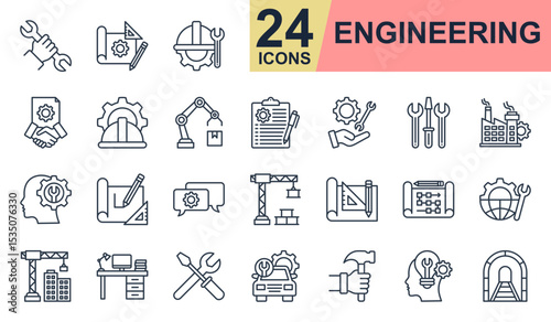 Engineering Icons set vector illustration. Containing engineer, repair, construction, blueprint, factory and more. Simple line icons collection.