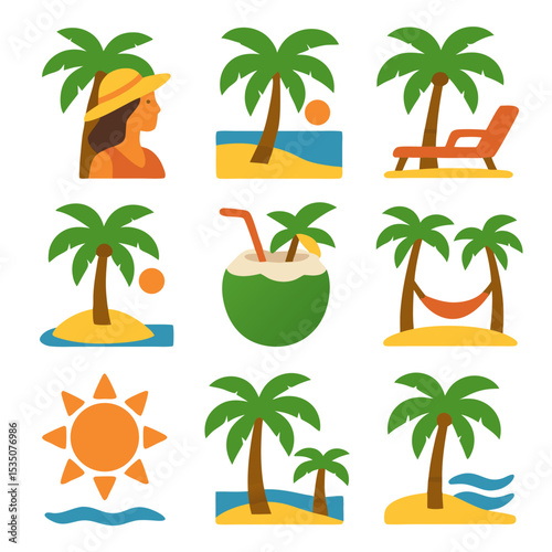 Palm trees sway gently in nine tropical vacation icons depicting idyllic beach scenes.