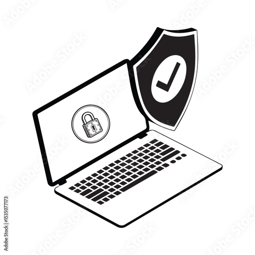 Silhouette of a modern laptop, open and facing forward, with a prominent cybersecurity lock icon displayed on its screen