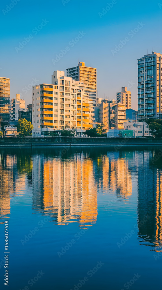 Fototapeta premium Cityscape Reflection in Calm Water at Sunset
