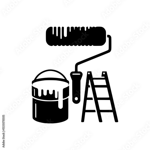 Painting supplies icon roller paint bucket ladder