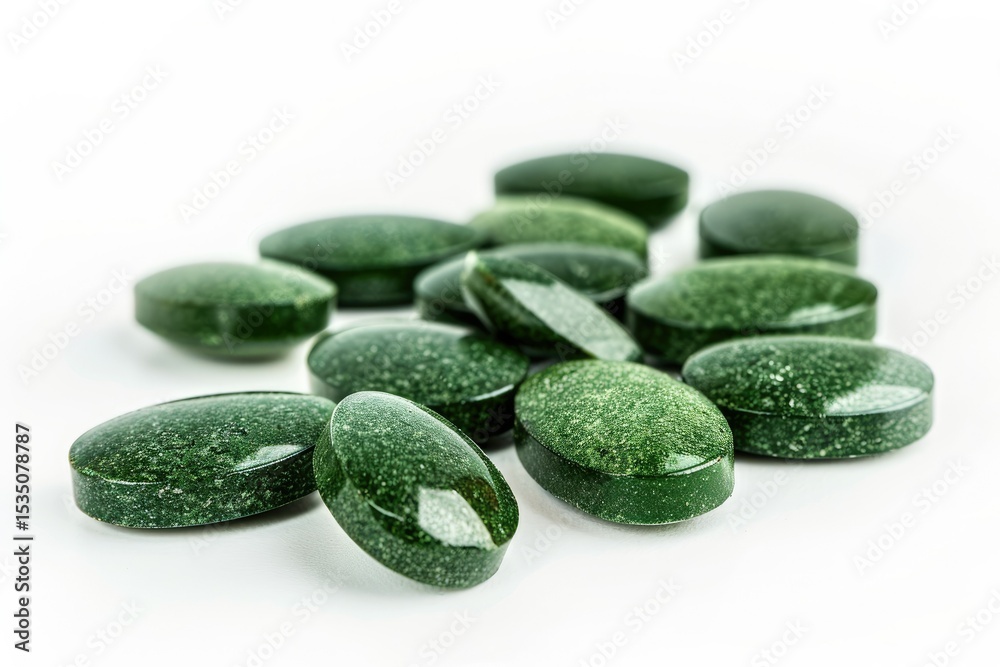 high quality image of Green iron supplement tablets on a white background high quality image of Green iron supplement tablets on a white background