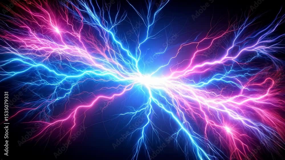 Abstract energy discharge featuring luminous multicolor lightning bolts against a dark blue background, representing power and connectivity.