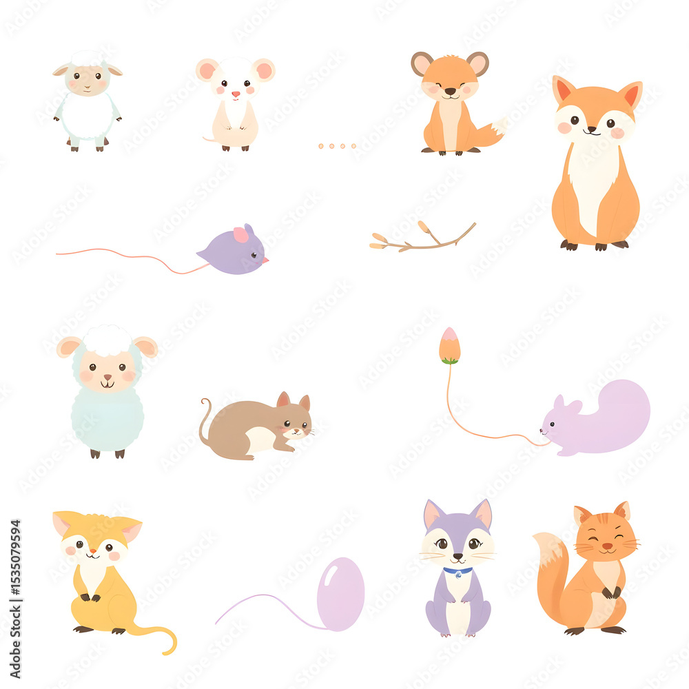 Fototapeta premium Fun animals (sheep, fox, mouse, dog, cat, squirrel). Each animal is represented in 5 different emotional and playful poses.