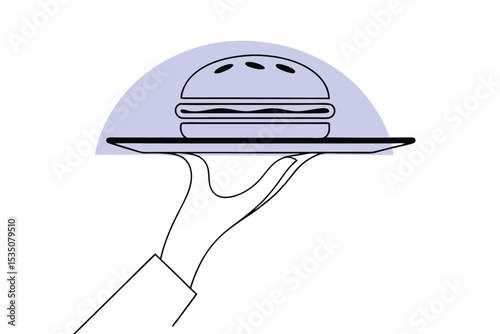 Continuous line drawing illustration of a hand serving a sandwich
