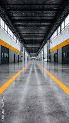Empty industrial warehouse interior with high ceiling, vertical video