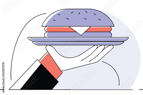 Continuous line drawing illustration of a hand serving a sandwich