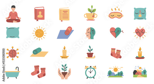 Flat Self-Care and Wellness Icon Set in Soft Pastel Colors