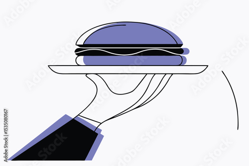 Continuous line drawing illustration of a hand serving a sandwich