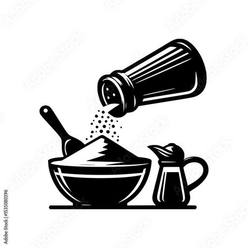 Salt shaker pouring salt into bowl with spoon and oil