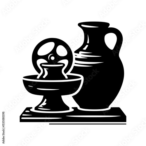 Black and white illustration of pottery and water mill