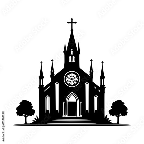 Black silhouette of gothic church with trees