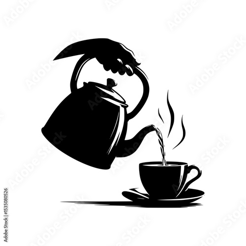 Silhouette of hand pouring tea from kettle into cup