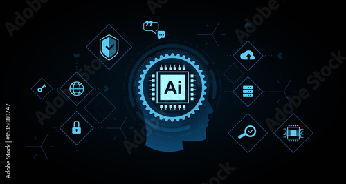 Artificial intelligence technology concept with head silhouette, AI chip and cybersecurity icons on dark background representing digital network system. 3D Rendering