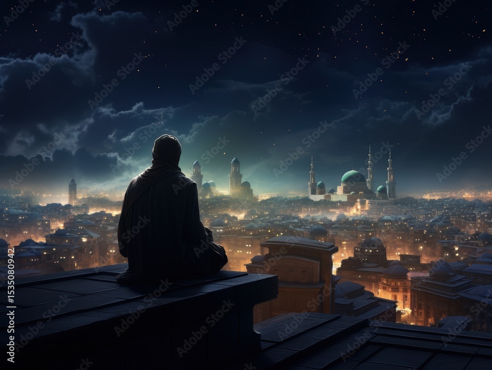 Fototapeta premium Lonely figure gazing at futuristic cityscape under night sky