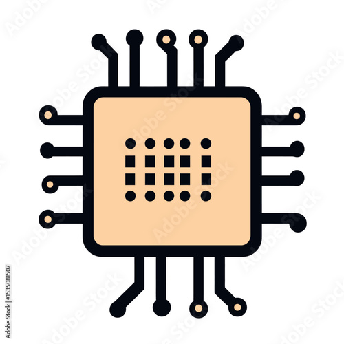 Minimalist flat vector illustration of microchip icon with circuit connections and digital pattern on beige background for technology and computing concept