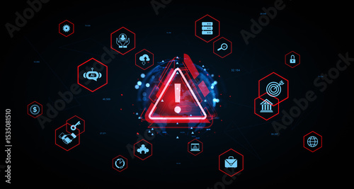 Cybersecurity threat alert with digital warning icons and AI symbols on a futuristic tech background concept for data protection and risk management. 3D Rendering