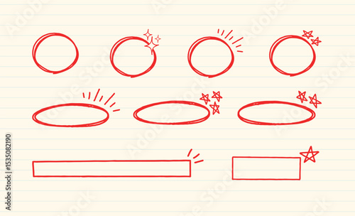 Red Pen Highlighting Shapes with Cute Doodles. Circles, Ovals, and Boxes