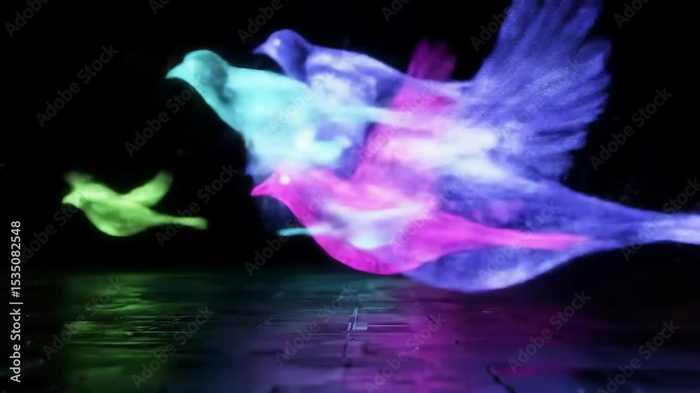 Ethereal flurry: colorful birds in flight across dimensional space