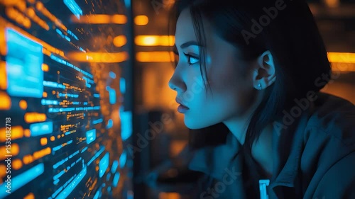 Focused Young Woman Analyzing Complex Data on Large Digital Screen in Dimly Lit Tech Environment with Glowing Code Display

 photo