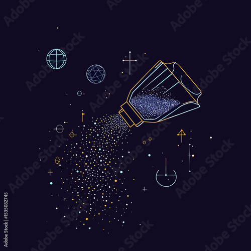 Salt shaker pouring cosmic salt particles with abstract planetary and star shapes in minimalist space universe vector design concept illustration