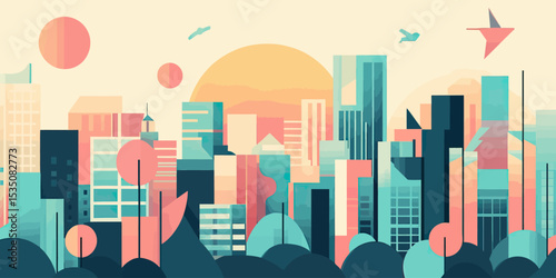 Abstract geometric city skyline with modern buildings at sunrise in flat minimalist style vector illustration for urban business finance investment concept background