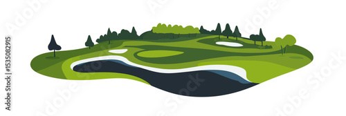 Isometric golf course landscape with green fairways sand bunkers water hazard and trees in minimalist flat vector style illustration
