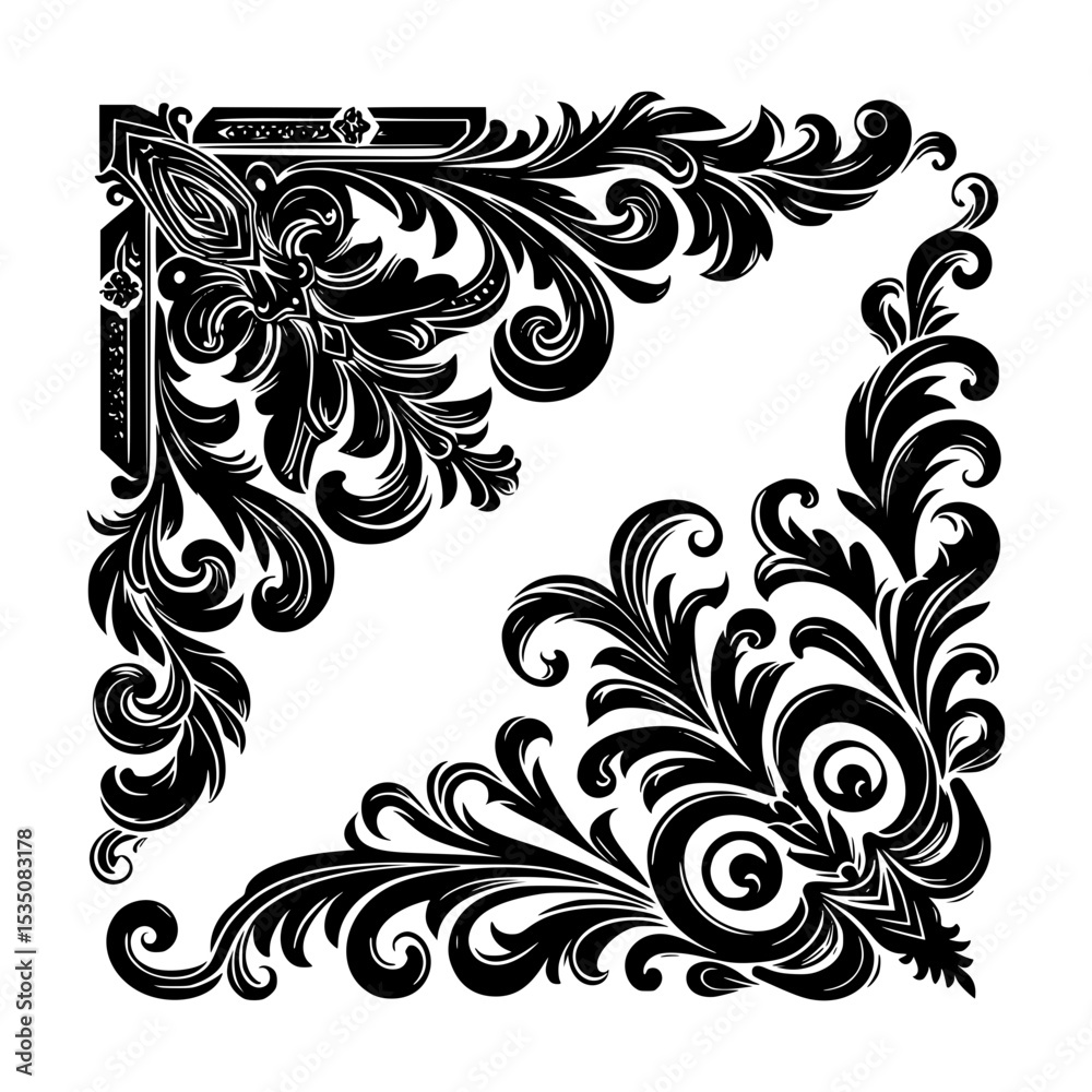 Fototapeta premium Ornate black and white floral corner design elements