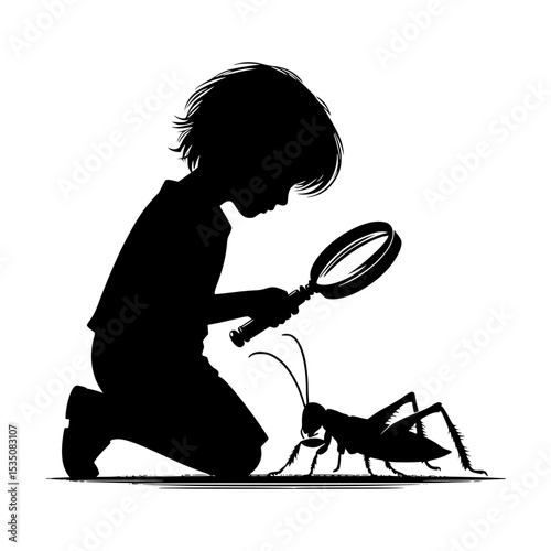 Child examining cricket with magnifying glass