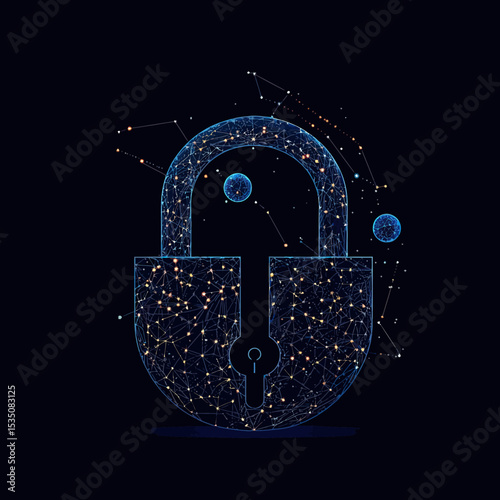 Abstract digital open padlock composed of blue and orange starry network points and connecting lines with planetary shapes on dark background technology security concept vector illustration